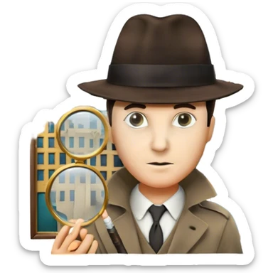 A colorful collage featuring iconic detective elements—magnifying glass, a fedora hat, a cigarette, a shadowy figure, and a mysterious city backdrop, a board with photos of suspects. Include subtle clues like fingerprints or a crime scene. Retro movie poster style. Transparent background. sticker