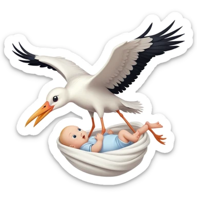 stork flying with a human baby in a white bundle sticker
