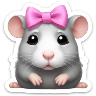 sad grey hamster with pink bow on head sticker