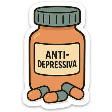 cartoon style pill bottle labeled 'Antidepressiva', no face, arms, or legs sticker