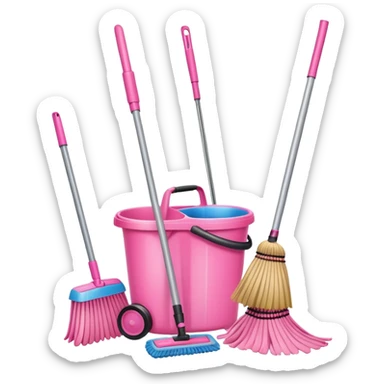 Cleaning supplies pink sprays bottles mop broom sticker