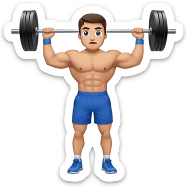 brunette buff man with blue shorts barbell-shrugs sticker