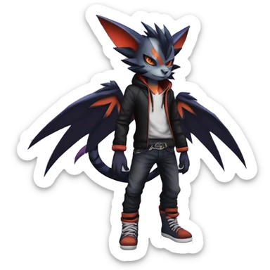 Cool Anthro Black Noivern-Absol-Litten-Pokémon with edgy stripes hoodie spiked collar punk Full Body sticker