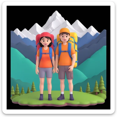 back packer couple posing, mountains in background,   close up pose sticker
