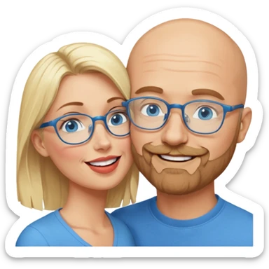 middle age bald man with heavy scruff, blue eyes and glasses.  Kissing blonde woman with blue eyes sticker