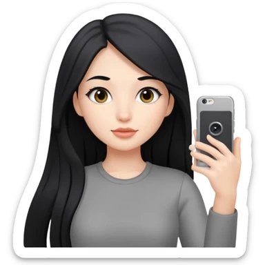 A girl with long black hair and a gray outfit taking a selfie. sticker