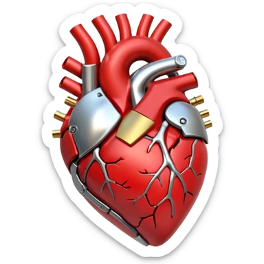 3D render of Mechanical Heart, futuristic cyborg aesthetic, fusion of organic skin and chrome metal, gold brass valves mixed with red muscle tissue, exposed wiring, emoji style, isolated on white background --v 6.0. sticker