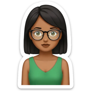 Genera a una chica morena de piel con pelo negro y lentes con vestido verde. sticker
