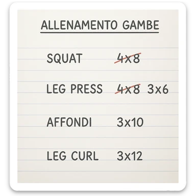 foglio di carta con scheda di allenamento gambe in italiano con volume di allenamento ridotto (fai alcuni esercizi con 4x8 scritti in precedenza sbarrati in rosso e la correzione accanto tipo 3x6), scrivila al meglio che puoi sticker