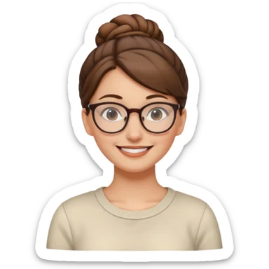 smiling white European woman with brown hair in a bun and glasses sticker