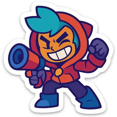 Brawl Stars character with a mischievous grin, stylized and energetic sticker