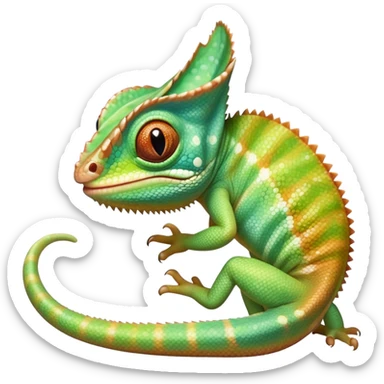 cinematic cute-smiling baby chameleon-realistic emoji,-blending-with-vibrant-greenery.-detailed-scales-in-shifting-colors,-showing-the-chameleon’s-ability-to-camouflage.-soft-natural-light-highlights-its-texture.-light-background, zoomed into its face sticker