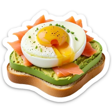 mashed avocado on sourdough toast with soft boiled egg and smoked salmon sticker