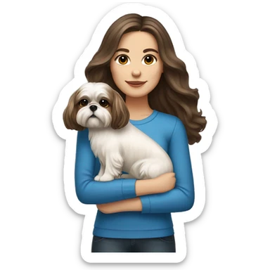 Young brunette hair woman with a cream shih tzu in her arms long wavy hair sticker
