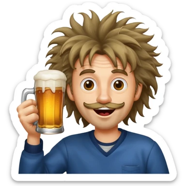 silly man with wild hair holding a beer, exaggerated goofy face sticker