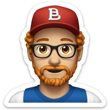 30 years old, male, red hair, curly hair, glasses, black baseball hat, blue eyes, pale complexion, stubble facial hair sticker