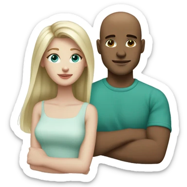Couple. White skin. Male bald. Aqua eyes. Woman long blonde brown highlight hair. 35. Teal eyes.  sticker