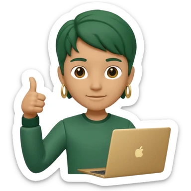 3D clay character standing confident, laptop under arm, thumbs up, deep green (#0B3D2C), cream laptop, gold accents, cute rounded, transparent background sticker