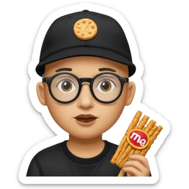 num num eatting hashbrown sticks with a plain black cap and glasses no hair add Rollin' 18 to hat sticker