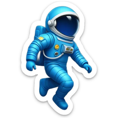 blue spaceman in a blue suit flying straight up into space with bluecadet logo on sleeve sticker