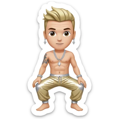Vanilla Ice with dark blonde hair, silver sequin harem pants, shirtless with necklace sticker