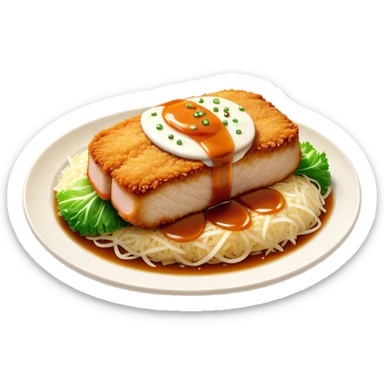 Cinematic Realistic Tonkatsu Dish Emoji, featuring a golden, breaded pork cutlet served with shredded cabbage rendered with rich textures and vibrant, dynamic lighting. sticker