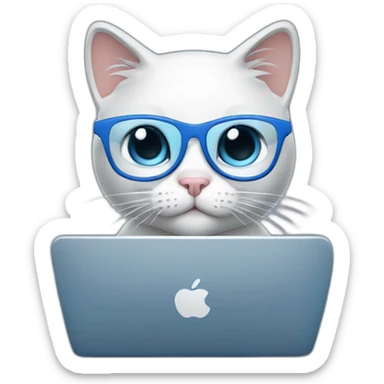 a kitty in blue glasses working on a computer sticker