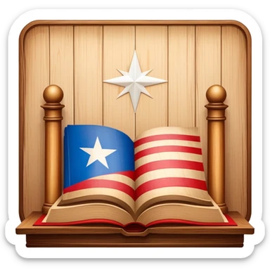 Timeless book icon with Puerto Rican flag design, wooden theater stage symbol, warm parchment and wood textures, gentle luminous aura, representing the history of Puerto Rican scenic design legacy sticker