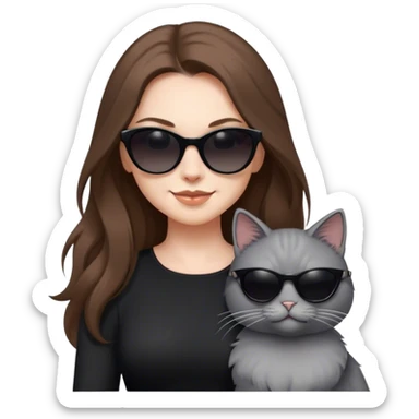 White woman with long brown hair wearing dark sunglasses and a black dress. She is smirking. next to her is a fluffy light grey cat who is also wearing dark sunglasses sticker
