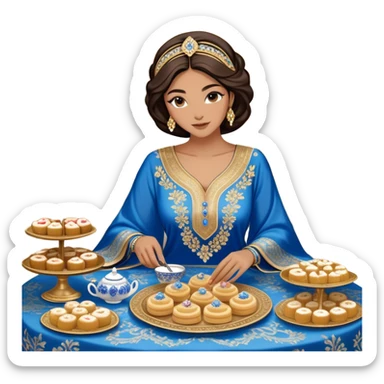 Arabian hospitality and tradition. A woman dressed in an elegant, intricately embroidered blue and gold kaftan sits gracefully at a lavish table filled with traditional sweets like luqaimat, pastries, and cakes, featuring silver tea sets, candles, and luxurious textiles sticker