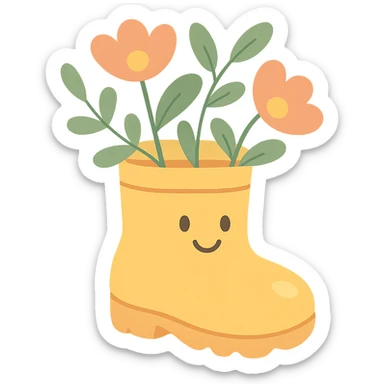 rain boot with plants growing out, gentle earthy tones, soft pastel colors, pastel-toon style sticker