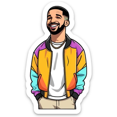 Toronto celebrity, musician, rapper drake 2025 illustration, sticker design. must be ultra hyperrealistic, mirco-detailed, flat layout. Colorful, happy features. Full view. Life-like.
 Must be 8k hd, 8000x8000px resolution. Must use very thin transparent smooth lines, around the illustration  sticker