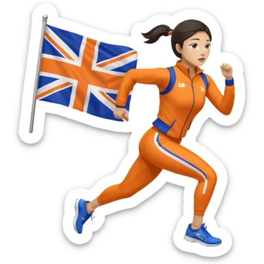 asian woman in orange sport suit and holding uk flag on the back, running sticker