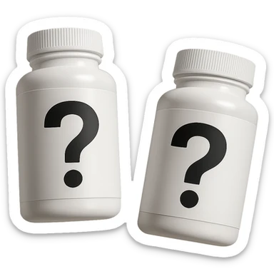 DUE BOCCETTE DI INTEGRATORI BIANCHE CON PUNTO INTERROGATIVO NERO SULL'ETICHETTA FLUTTUANO IN ARIA, IPERREALISTICA 4K sticker