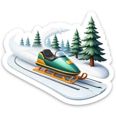An icon featuring a sleek sled speeding down a snowy hill, with a snowy landscape and pine trees in the background. The motion lines and slight snow spray emphasize the thrill of the ride. Transparent background highlights the excitement and fun of sledding. sticker