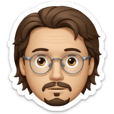male Slim, slightly oval face, light skin.
Medium-length brown wavy hair, slightly messy.
Brown eyes, round eyeglasses.
Soft, calm expression.
add goathe and add hair to his forhead sticker