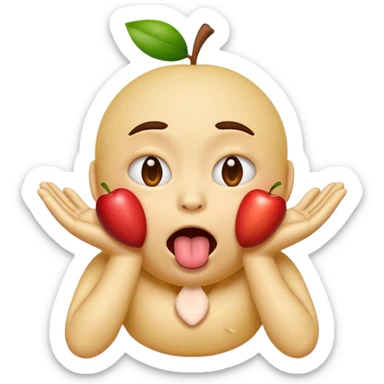 emoji face with hands around its own neck, eyes bulging, tongue out, expressing self-choking, apple emoji style sticker