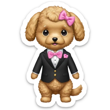 Golden maltipoo dog with pink bow k bow that is very poise make it have a suit on sticker