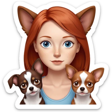 Woman with red, shoulder-length hair, gray-blue eyes, and freckles
4 Chihuahuas: one chocolate tan, one chocolate merle, one black and white, in brown and black sticker