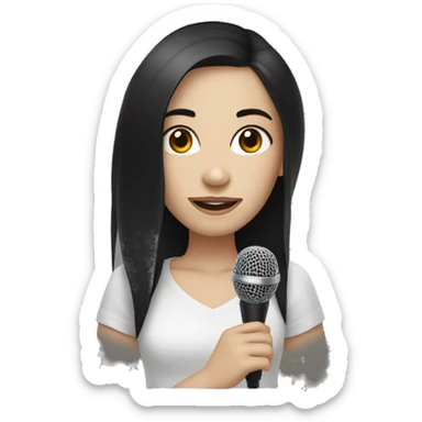 Girl with pale white skin, brown eyes, black hair holding out a microphone  sticker