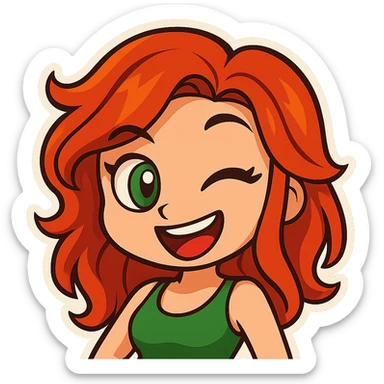 Edit the girl's face to have a flirty, winking expression, keeping the original cartoon style and quality consistent with chibi stickers style. sticker