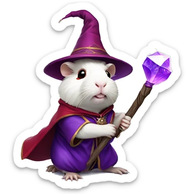 white guinea pig with red eyes wearing purple wizard clothes and holding a magical staff with a magical purpl crystal inside sticker