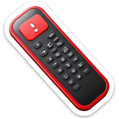 One big black tv remote control with red border, frontal face in  2 dimensions. The remote control have to have 4 buttons in black and one big one in red and the play sign. Use sticker model sticker