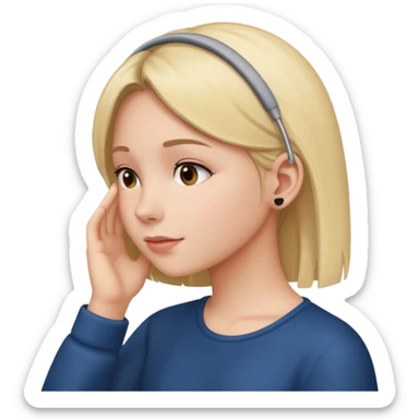 girl listening to viewer, side view, hand to ear, no headphones sticker