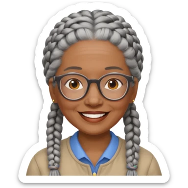 Older woman of color with gray braids, glasses and smiling sticker