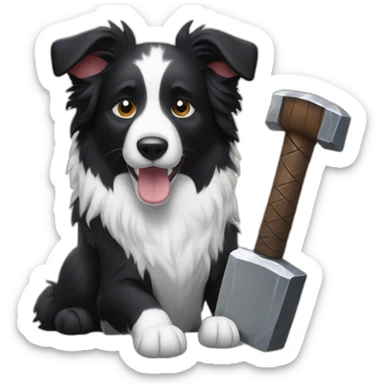 a Border collie holding a thor hammer sticker