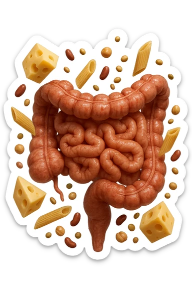 PEZZETTI DI EMMENTAL, PENNE DI PASTA RIGATE E LEGUMI FLUTTUANO INTORNO AD UN INTESTINO UMANO ANATOMICO REALISTICO, iperrealistico 4k sticker