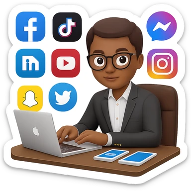 Add more social media icons around the person at a desk with laptop in the style of apple emojis, with no background. sticker