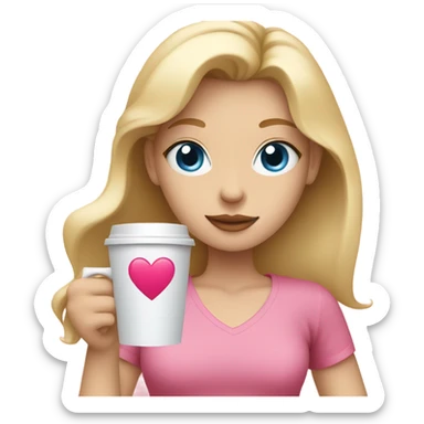 Girl with blonde hair and blue eyes holding a coffee with a heart on it wearing a pink top sticker