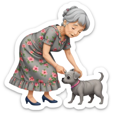 Old woman bent over from waist to floor trying to pick up dog sticker